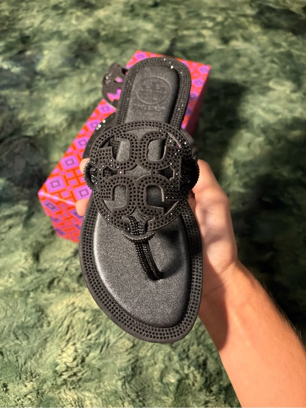Tory Burch Black Crystal Logo Toe-Post Sandal